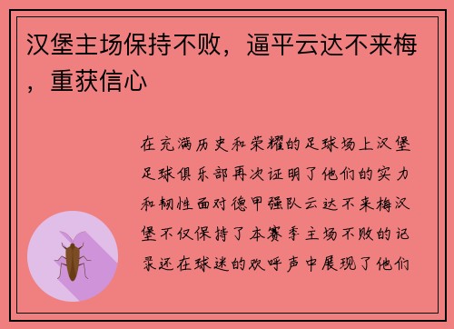 汉堡主场保持不败，逼平云达不来梅，重获信心